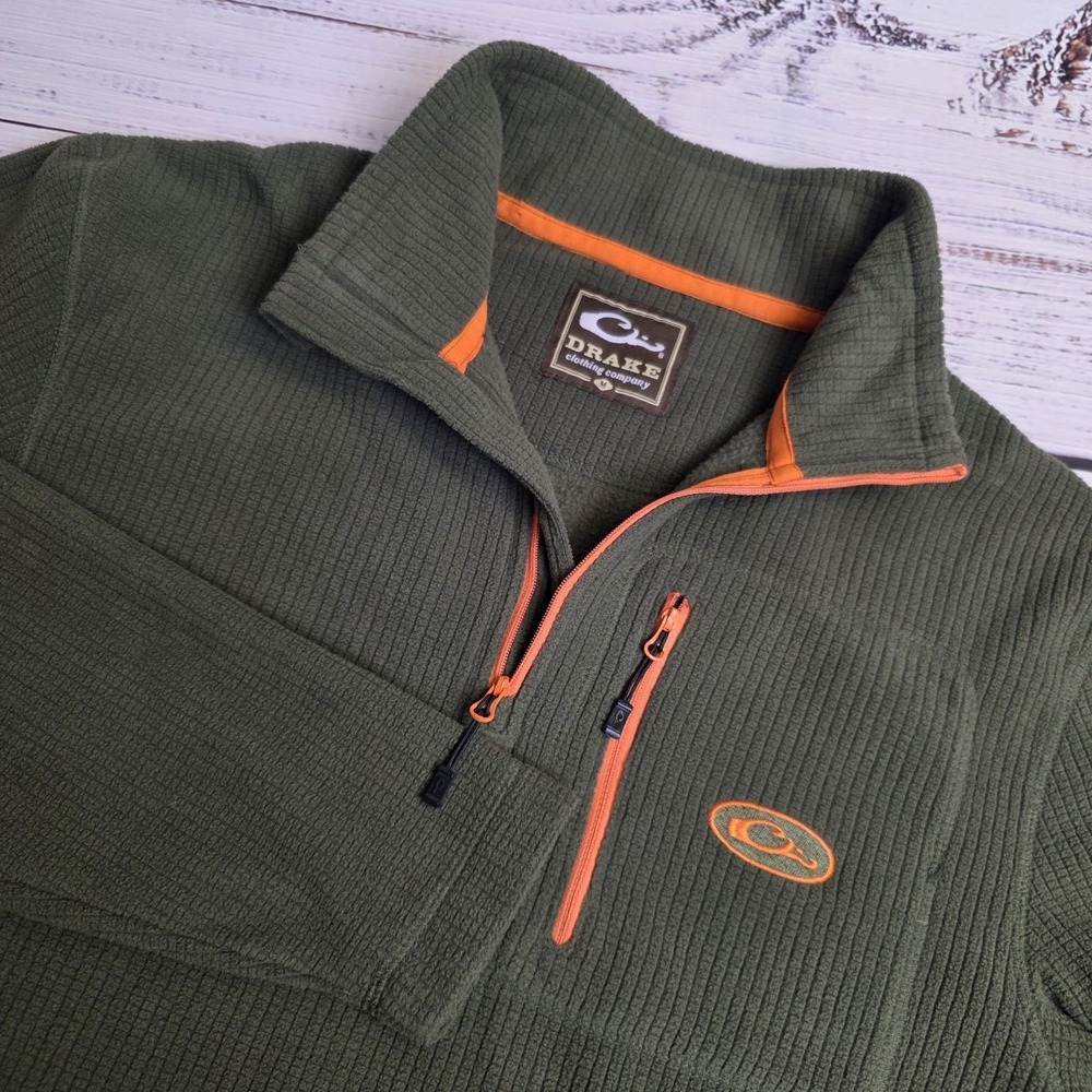 Drake Waterfowl Sweater‎ Mens Medium Green Camp Grid Fleece 2.0 Pullover 1/4 Zip